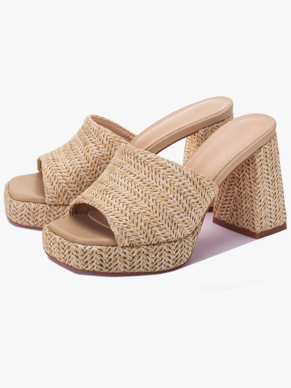 Beige Woven Platform Mule Heels - Women's Slide Sandals - Picture 3 of 3
